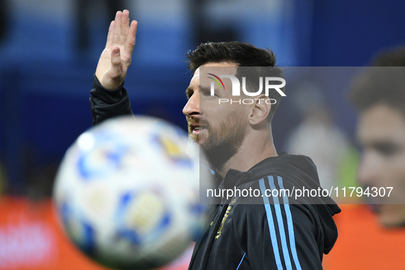 Lionel Messi of Argentina warms up before the match between Argentina and Peru at Alberto J. Armando - La Bombonera Stadium, in Buenos Aires...