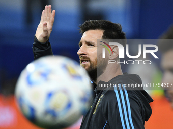 Lionel Messi of Argentina warms up before the match between Argentina and Peru at Alberto J. Armando - La Bombonera Stadium, in Buenos Aires...