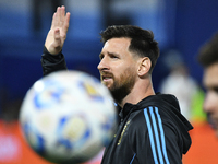 Lionel Messi of Argentina warms up before the match between Argentina and Peru at Alberto J. Armando - La Bombonera Stadium, in Buenos Aires...