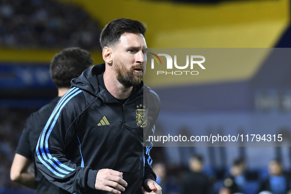 Lionel Messi of Argentina warms up before the match between Argentina and Peru at Alberto J. Armando - La Bombonera Stadium, in Buenos Aires...