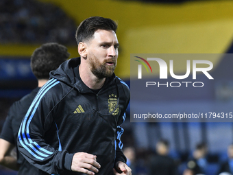 Lionel Messi of Argentina warms up before the match between Argentina and Peru at Alberto J. Armando - La Bombonera Stadium, in Buenos Aires...