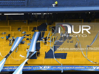 Argentina's flags are displayed before the match between Argentina and Peru at Alberto J. Armando - La Bombonera Stadium in Buenos Aires, Ar...