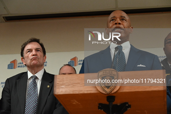 New York City Mayor Eric Adams holds a news conference with the NYPD following a police officer being shot in Jamaica, Queens, New York, Uni...