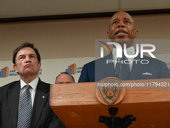 New York City Mayor Eric Adams holds a news conference with the NYPD following a police officer being shot in Jamaica, Queens, New York, Uni...