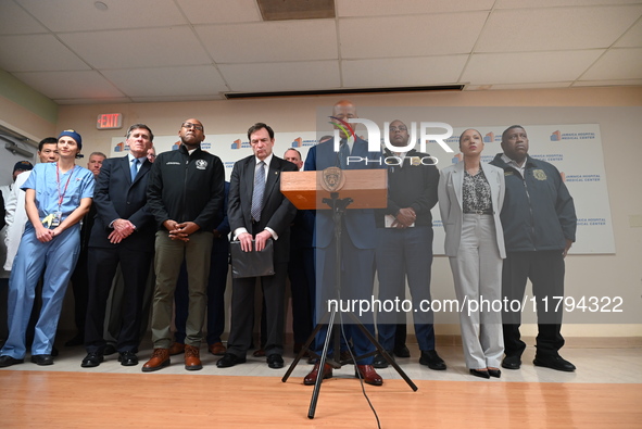 New York City Mayor Eric Adams holds a news conference with the NYPD following a police officer being shot in Jamaica, Queens, New York, Uni...