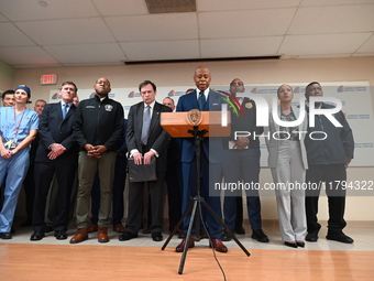 New York City Mayor Eric Adams holds a news conference with the NYPD following a police officer being shot in Jamaica, Queens, New York, Uni...