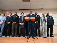 New York City Mayor Eric Adams holds a news conference with the NYPD following a police officer being shot in Jamaica, Queens, New York, Uni...