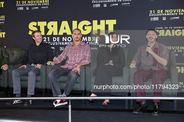 (L-R) Scott Elmegreen, Alejandro Speitzer, Barbara Lopez, and Marcelo Tobar attend the press conference to promote the movie ''Straight'' at...