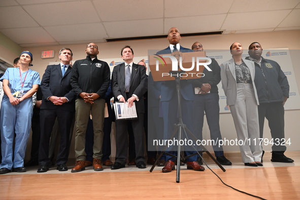 New York City Mayor Eric Adams holds a news conference with the NYPD following a police officer being shot in Jamaica, Queens, New York, Uni...