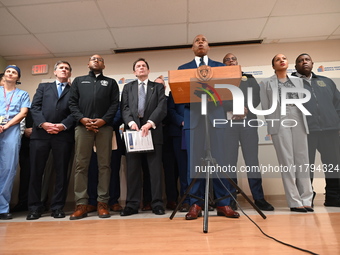 New York City Mayor Eric Adams holds a news conference with the NYPD following a police officer being shot in Jamaica, Queens, New York, Uni...