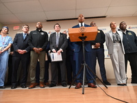 New York City Mayor Eric Adams holds a news conference with the NYPD following a police officer being shot in Jamaica, Queens, New York, Uni...