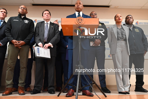 New York City Mayor Eric Adams holds a news conference with the NYPD following a police officer being shot in Jamaica, Queens, New York, Uni...