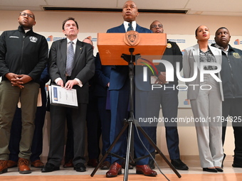 New York City Mayor Eric Adams holds a news conference with the NYPD following a police officer being shot in Jamaica, Queens, New York, Uni...