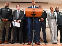 New York City Mayor Eric Adams holds a news conference with the NYPD following a police officer being shot in Jamaica, Queens, New York, Uni...