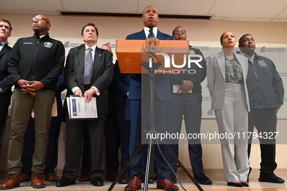 New York City Mayor Eric Adams holds a news conference with the NYPD following a police officer being shot in Jamaica, Queens, New York, Uni...