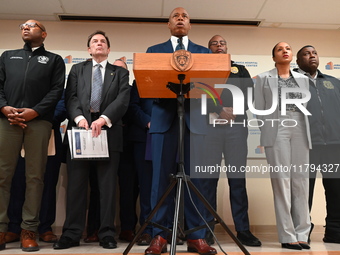 New York City Mayor Eric Adams holds a news conference with the NYPD following a police officer being shot in Jamaica, Queens, New York, Uni...