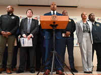 New York City Mayor Eric Adams holds a news conference with the NYPD following a police officer being shot in Jamaica, Queens, New York, Uni...