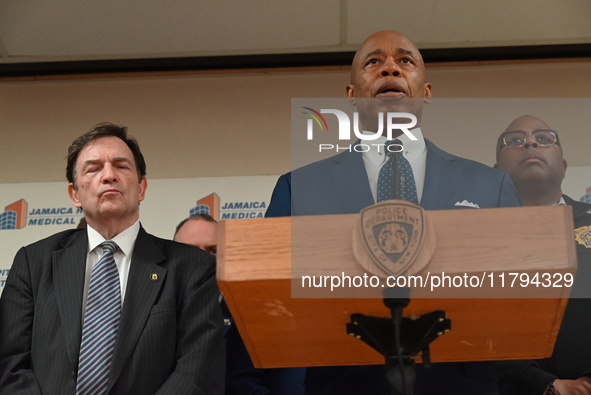 New York City Mayor Eric Adams holds a news conference with the NYPD following a police officer being shot in Jamaica, Queens, New York, Uni...