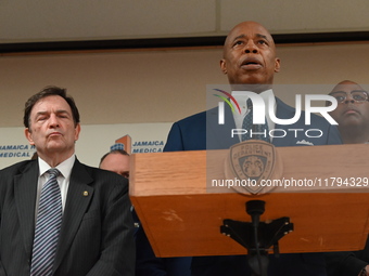 New York City Mayor Eric Adams holds a news conference with the NYPD following a police officer being shot in Jamaica, Queens, New York, Uni...