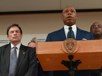 New York City Mayor Eric Adams holds a news conference with the NYPD following a police officer being shot in Jamaica, Queens, New York, Uni...