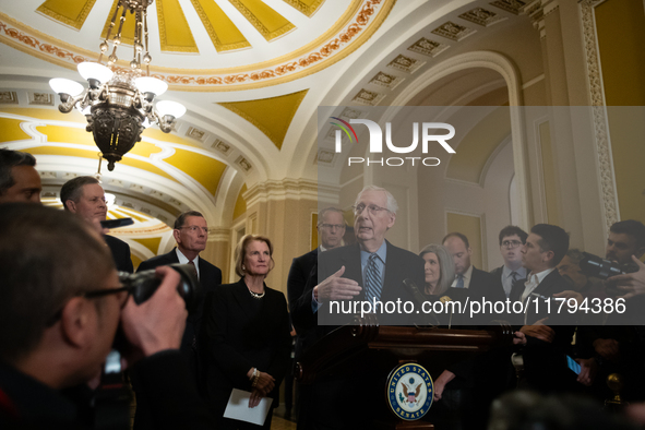 Senate Minority Leader Mitch McConnell (R-KY) speaks during Senate Republicans' weekly press conference outside the Senate chamber, in Washi...