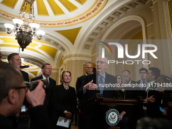 Senate Minority Leader Mitch McConnell (R-KY) speaks during Senate Republicans' weekly press conference outside the Senate chamber, in Washi...