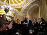 Senate Minority Leader Mitch McConnell (R-KY) speaks during Senate Republicans' weekly press conference outside the Senate chamber, in Washi...