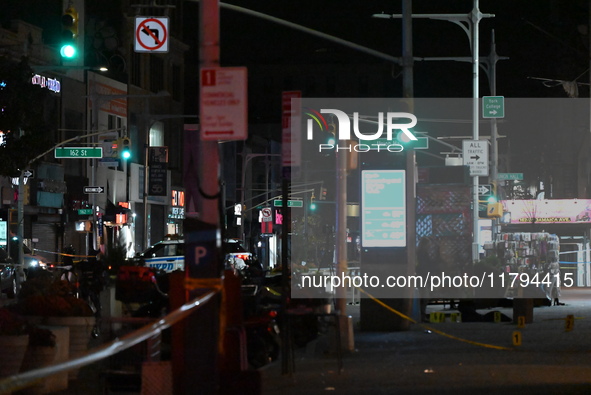 Evidence markers mark the scene where a police-involved shooting occurs in Jamaica, Queens, United States, on November 19, 2024. At 5:35 pm,...