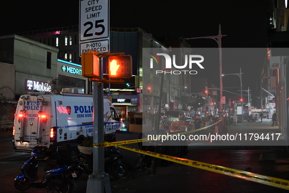 Evidence markers mark the scene where a police-involved shooting occurs in Jamaica, Queens, United States, on November 19, 2024. At 5:35 pm,...