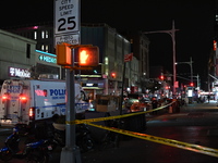 Evidence markers mark the scene where a police-involved shooting occurs in Jamaica, Queens, United States, on November 19, 2024. At 5:35 pm,...