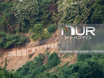 A cowboy heads home with his cow as the wall marking the border between India and Bangladesh is visible in Durgapur, Netrokona, Bangladesh,...