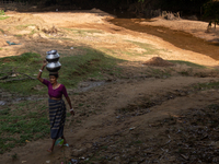 A tribal woman collects water from the reservoir, locally known as ''Jhiri,'' in Durgapur, Netrokona, Bangladesh, on November 17, 2024. The...