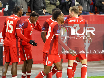 J. David #20 celebrates his goal with other Team Canada players during the CONCACAF Nations League Quarter Final match between Team Canada a...