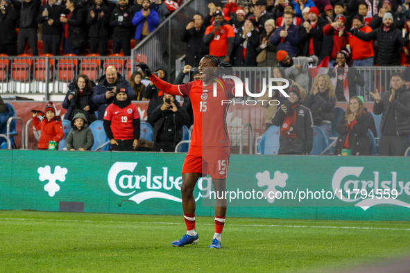 M. Bombito #15 celebrates his goal before it is disallowed by VAR during the CONCACAF Nations League Quarter Final Match between Team Canada...