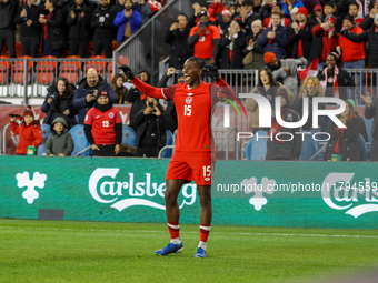 M. Bombito #15 celebrates his goal before it is disallowed by VAR during the CONCACAF Nations League Quarter Final Match between Team Canada...