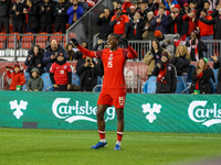 M. Bombito #15 celebrates his goal before it is disallowed by VAR during the CONCACAF Nations League Quarter Final Match between Team Canada...