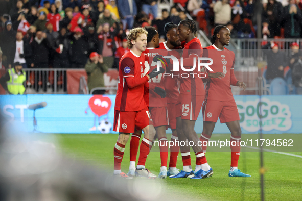 J. Shaffelburg #14 celebrates his second goal with C. Larin #9, Bombito #15, A. Ahmed #23, and Ismael Kone #8 during the CONCACAF Nations Le...