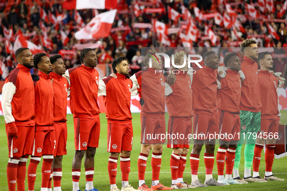 A Team Canada player lines up during the CONCACAF Nations League Quarter Final match between Team Canada and Suriname at BMO Field in Toront...