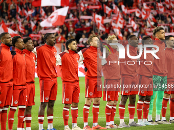 A Team Canada player lines up during the CONCACAF Nations League Quarter Final match between Team Canada and Suriname at BMO Field in Toront...