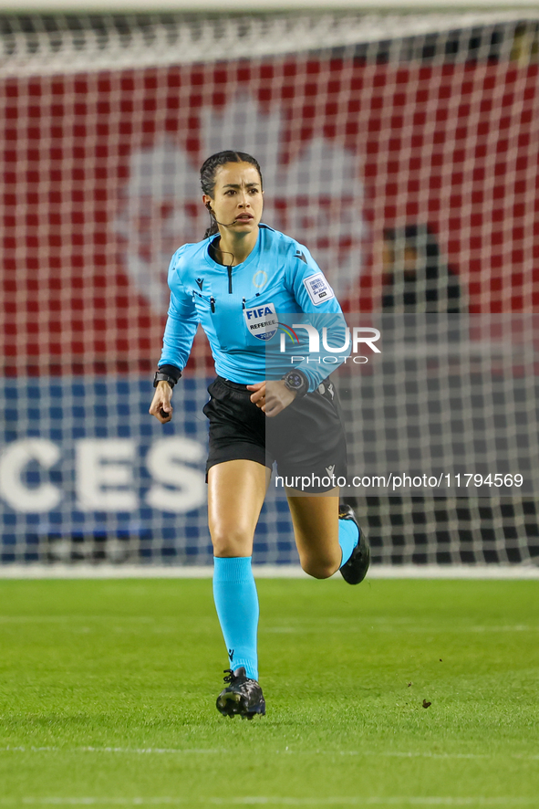 Referee Katia Garcia officiates during the CONCACAF Nations League Quarter Final match between Team Canada and Suriname at BMO Field in Toro...