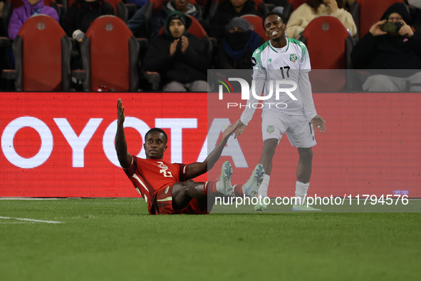 In Toronto, Ontario, Canada, on November 19, 2024, Richie Laryea #22 and Van der Kust both protest to the referee at the CONCACAF Nations Le...