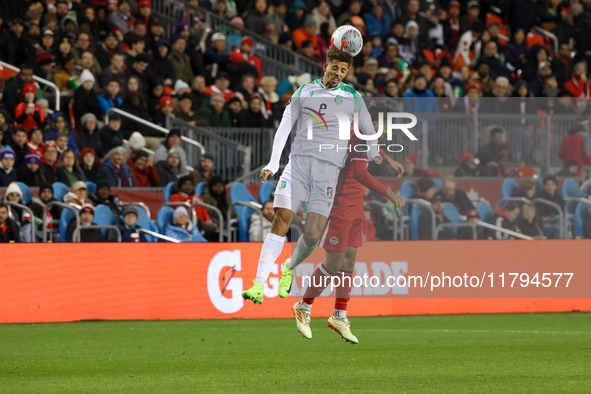 Justin Lonwijk #8 heads the ball at the CONCACAF Nations League Quarter Final match between Team Canada and Suriname at BMO Field in Toronto...