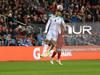 Justin Lonwijk #8 heads the ball at the CONCACAF Nations League Quarter Final match between Team Canada and Suriname at BMO Field in Toronto...