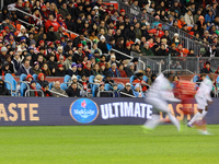 Fans watch the game while the Maple Lodge brand is spotted at the CONCACAF Nations League Quarter Final Match between Team Canada and Surina...