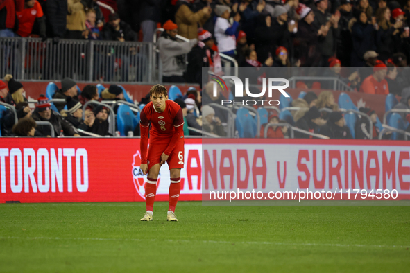 Niko Sigur #6 makes his home debut at the CONCACAF Nations League Quarter Final Match between Team Canada and Suriname at BMO Field in Toron...