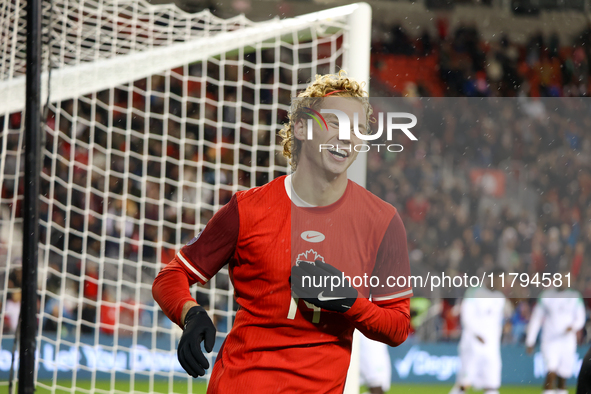 Jacob Shaffelburg #14 celebrates his second goal at the CONCACAF Nations League Quarter Final Match between Team Canada and Suriname at BMO...