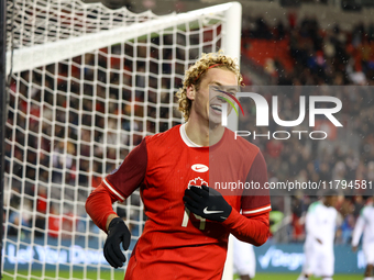 Jacob Shaffelburg #14 celebrates his second goal at the CONCACAF Nations League Quarter Final Match between Team Canada and Suriname at BMO...