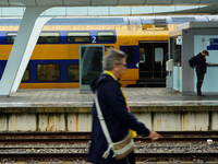 At Arnhem Centraal train station's platform in Arnhem, Netherlands, on July 27, 2023, a woman walks by while another commuter checks his pho...