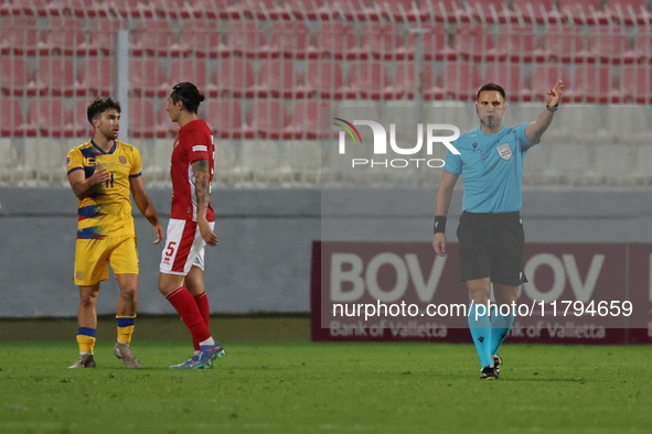 In Ta' Qali, Malta, on November 19, 2024, UEFA appoints match referee Luka Bilbija, who blows for full time during the UEFA Nations League,...