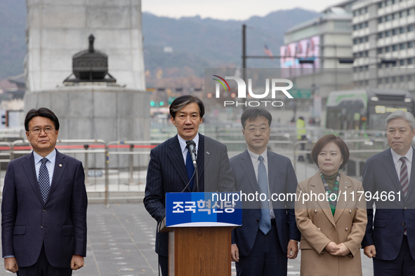 Cho Kuk, leader of the Rebuilding Korea Party, along with party lawmakers, holds a press conference in front of the Admiral Yi Sun-sin statu...